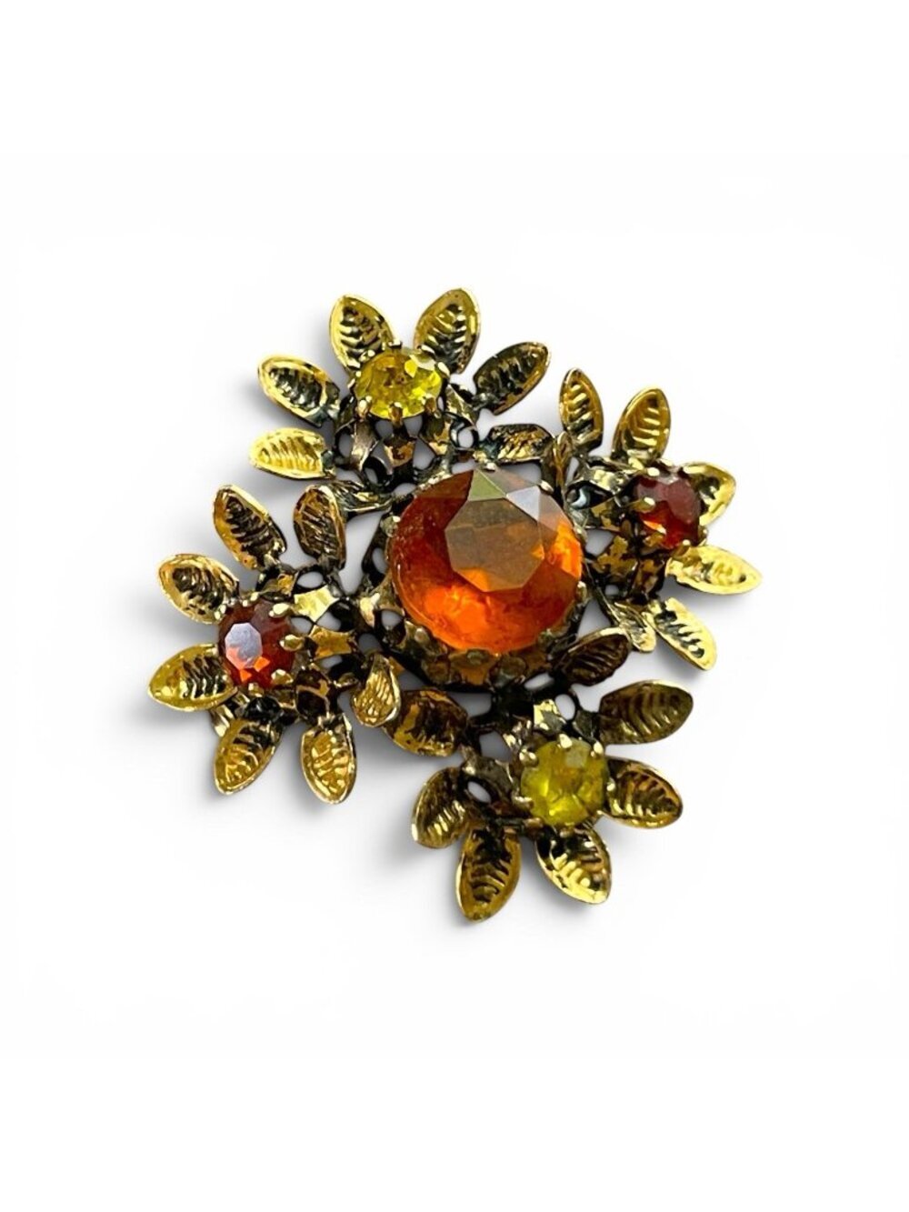 Vintage Austrian Rhinestone Brooch Autumn Orange Yellow Gold Tone Floral Pin